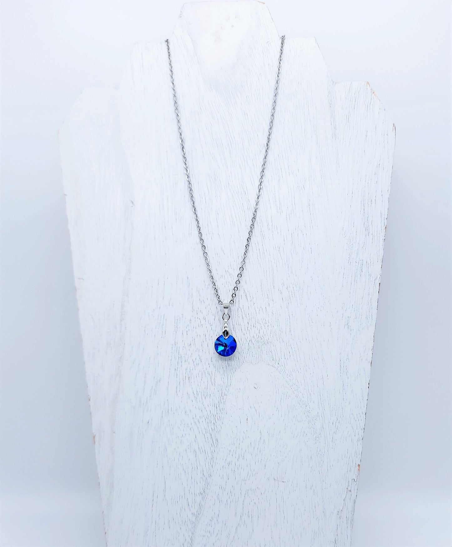 Handcrafted Multifaceted Bermuda Blue Round Glass Rhinestone Pendant Necklace - Hypoallergenic Stainless Steel Chain - Blue Zircon Look