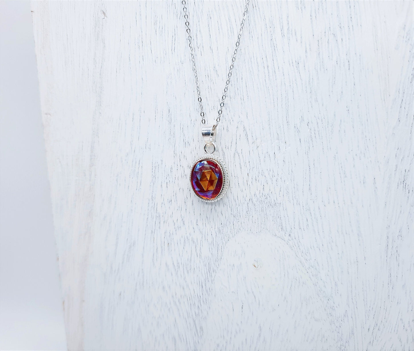 Handcrafted Multifaceted Vintage Ruby Red Aurora Borealis Glass Cabochon Pendant Necklace, Domed w/ Mica Infused Resin, 925 Sterling Silver
