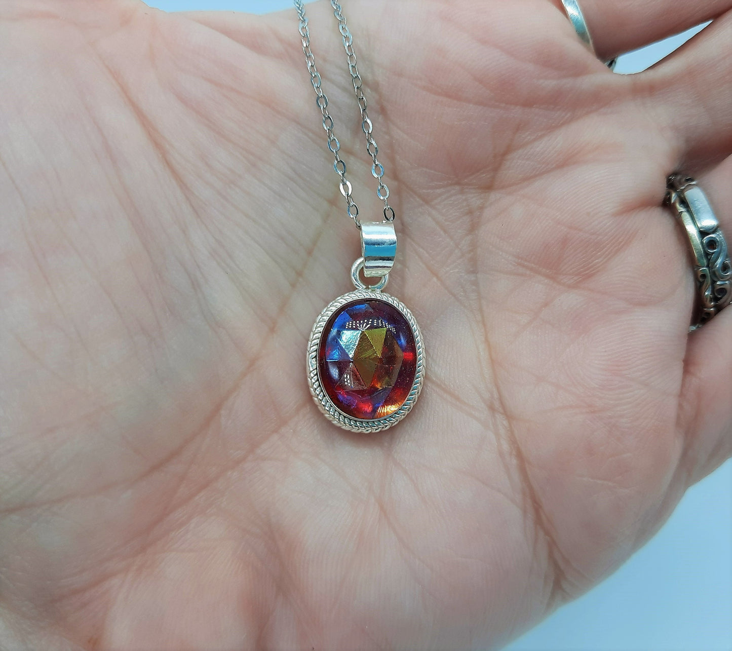 Handcrafted Multifaceted Vintage Ruby Red Aurora Borealis Glass Cabochon Pendant Necklace, Domed w/ Mica Infused Resin, 925 Sterling Silver