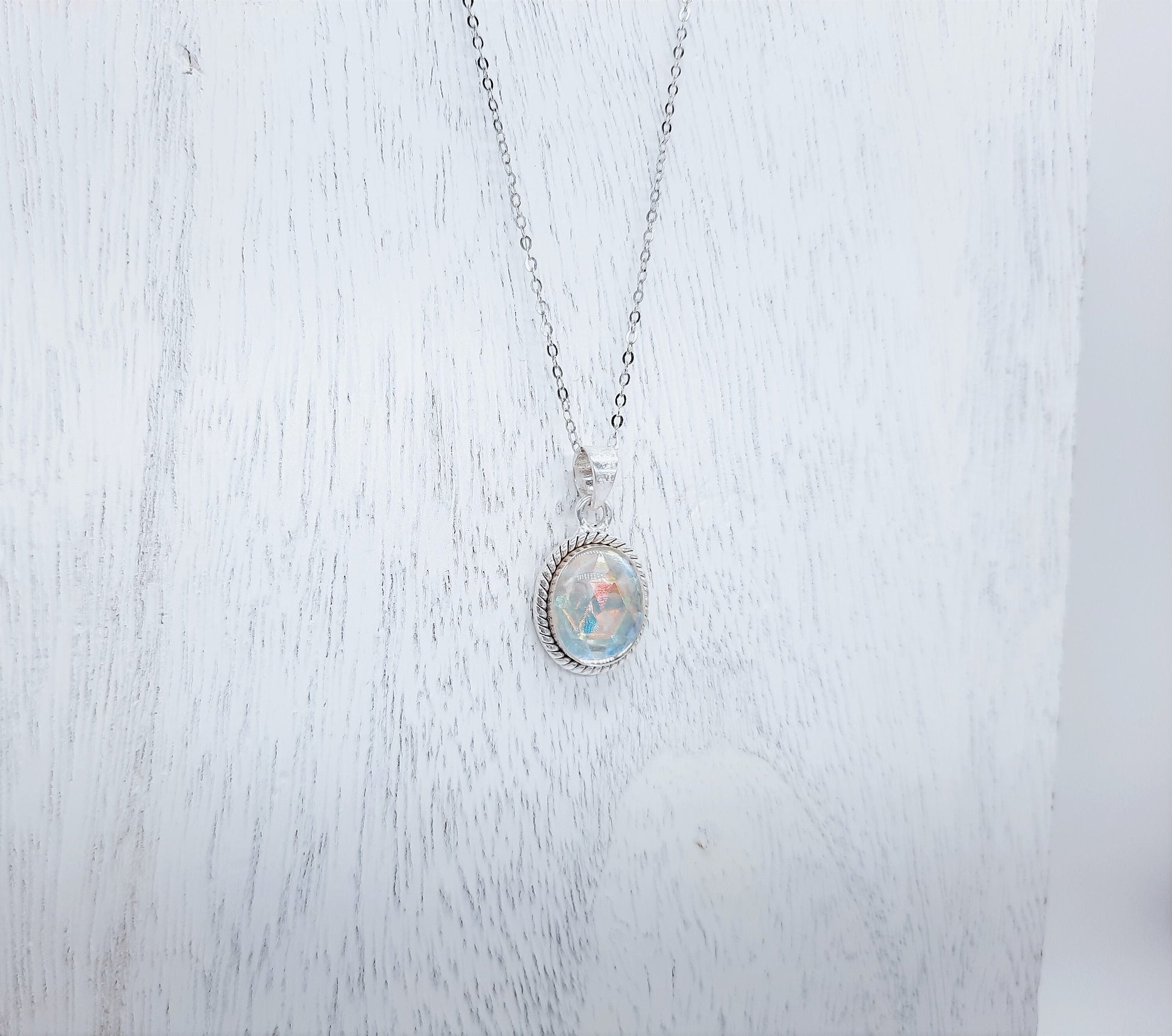 Handcrafted Multifaceted Vintage Aurora Borealis Glass Cabochon Pendant Necklace, Domed with Mica Infused Resin, 925 Sterling Silver