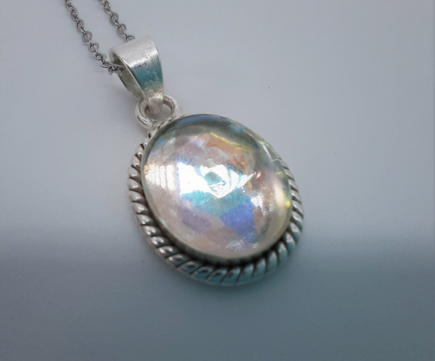 Handcrafted Multifaceted Vintage Aurora Borealis Glass Cabochon Pendant Necklace, Domed with Mica Infused Resin, 925 Sterling Silver
