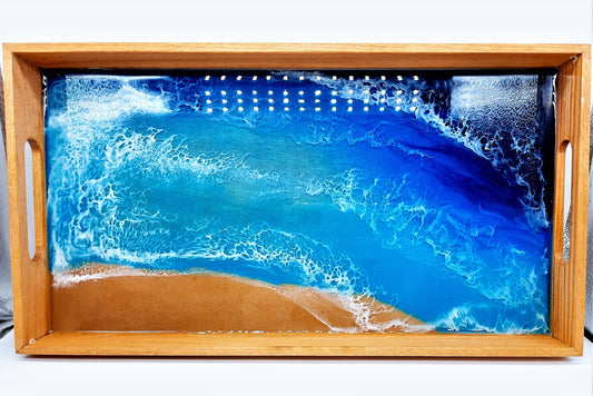 Handmade / Handpoured Eco-Friendly Epoxy Resin Seascape Coastal Wave Beach Scene Serving Tray - Made with Real Sand, Alcohol Inks, & Mica