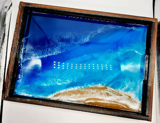 Handmade / Handpoured Eco-Friendly Epoxy Resin Seascape Coastal Wave Beach Scene Serving Tray - Made with Real Sand, Alcohol Inks, & Mica