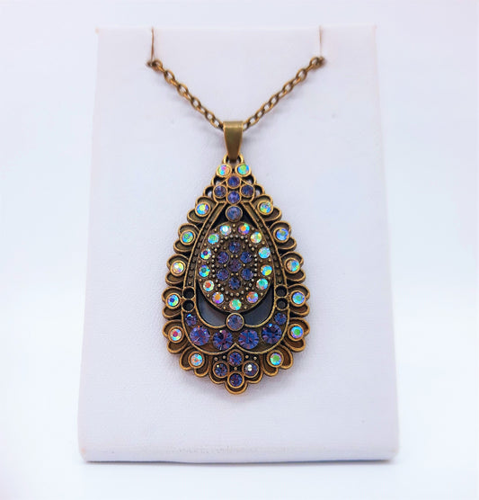 Handmade / Handcrafted Antiqued Brass / Bronze Aurora Borealis & Purple Rhinestone Intricate Filigree Teardrop Pendant Necklace