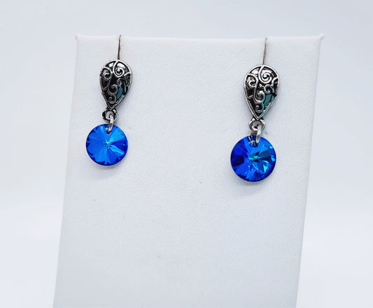 Handmade / Handcrafted Antiqued Silver Bermuda Blue Rhinestone Crystal Pendant Stud Earrings - Intricate Filigree Scroll Posts