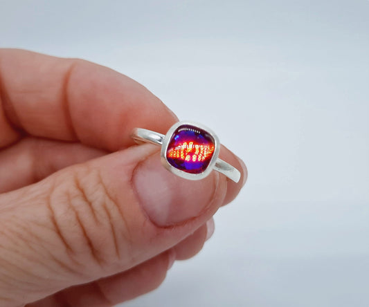 Handcrafted / Handmade Square Design 925 Sterling Silver Iridescent Multifaceted Red Aurora Borealis Ring, Domed with Mica Infused Resin
