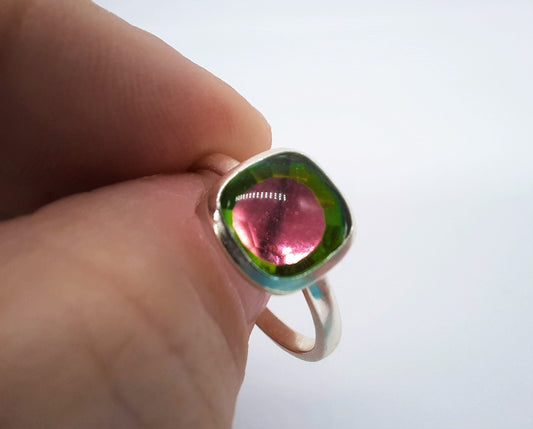 Handcrafted Square Design 925 Sterling Silver Iridescent Multifaceted Purple and Green Aurora Borealis Ring, Domed with Mica Infused Resin