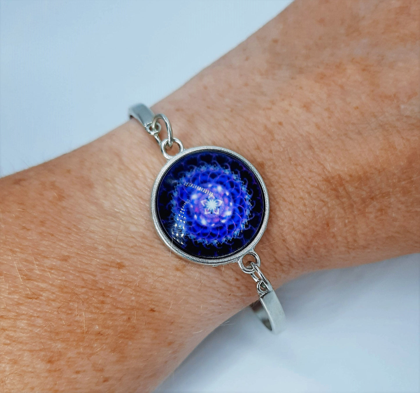 Purple Mandala Pattern Design - Glass Cabochon Stainless Steel Adjustable Bangle Bracelet - Made with Hypoallergenic Stainless Steel