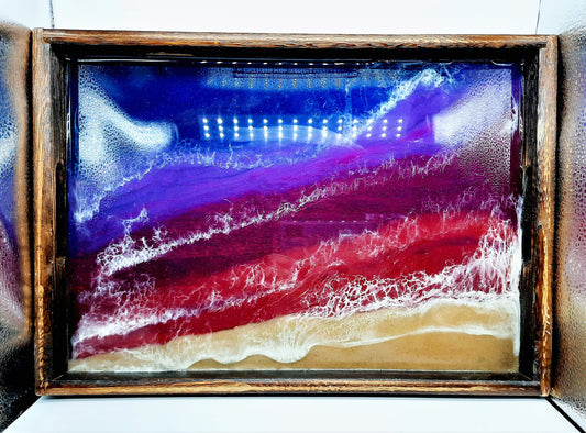 Handmade / Handpoured Eco-Friendly Epoxy Resin Purple, Red, Pink Sunset Seascape Coastal Wave Beach Scene Serving Tray - Made with Real Sand