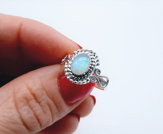 Handcrafted / Handmade Antiqued 925 Sterling Silver Ring, Genuine White Opal Stone, Domed with Holographic Resin