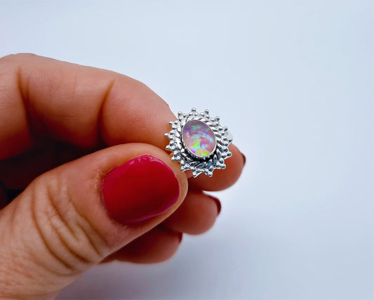 Handcrafted / Handmade Antiqued 925 Sterling Silver Ring, Genuine Pink Opal Stone, Domed with Holographic Resin
