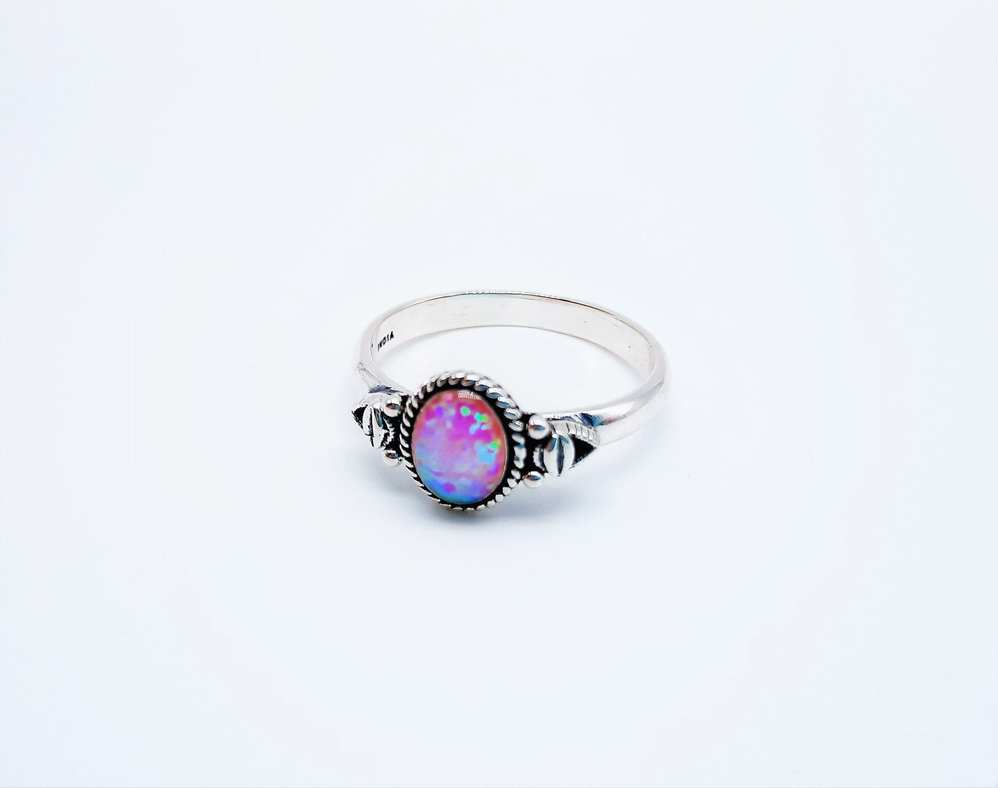 Handcrafted / Handmade Intricate Antiqued 925 Sterling Silver Ring, Genuine Pink Opal Stone, Domed with Holographic Resin
