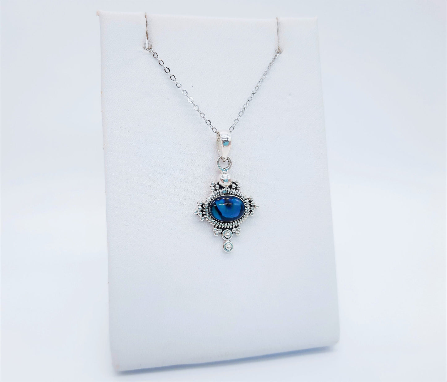 Genuine Blue Abalone Shell 925 Sterling Silver Pendant Necklace with 8x6mm Cabochon Setting Covered with Holographic Powder Infused Resin