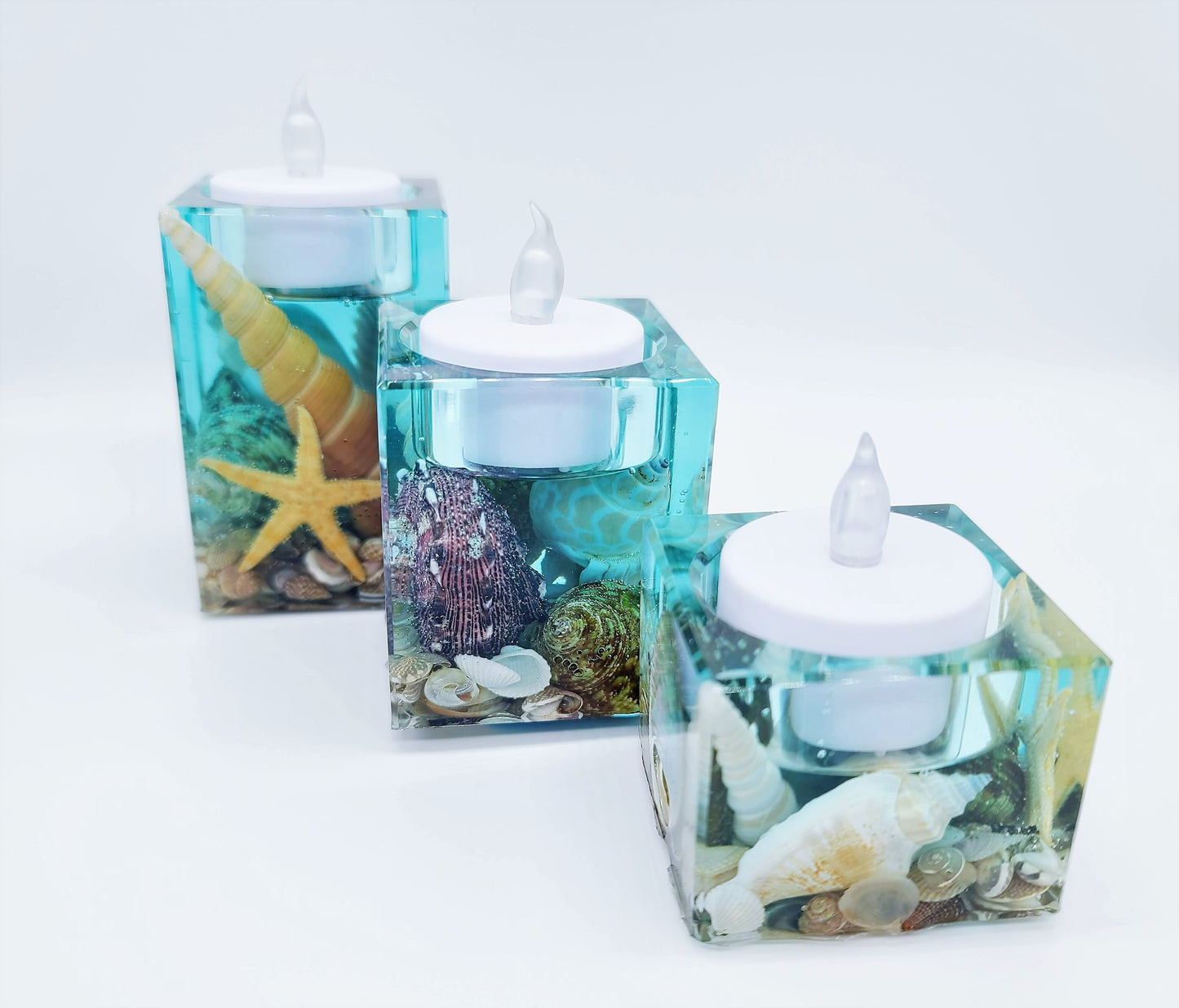 Ocean Themed Square Candle Holder Made w/ Eco-Friendly Epoxy Resin & Seashells - Includes Choice of Real UNSCENTED Tealight or LED Tealight