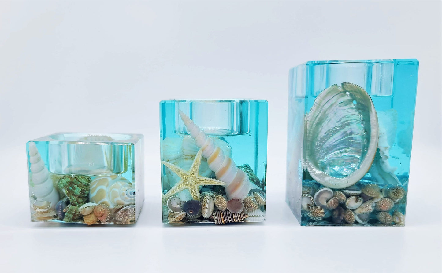 Ocean Themed Square Candle Holder Made with Eco-Friendly Epoxy Resin & Seashells - Includes Choice of Real SCENTED Tealight or LED Tealight