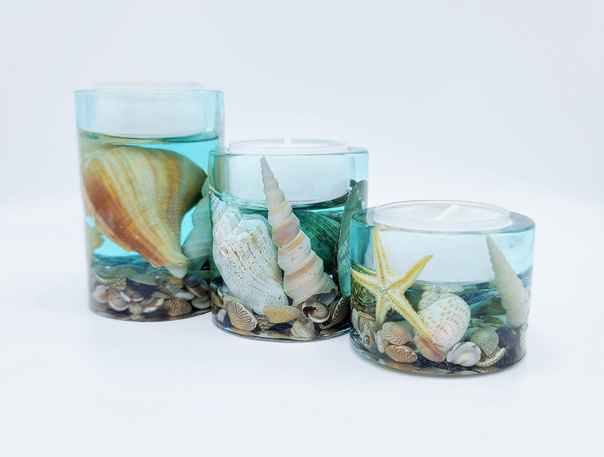 Beach Themed Round Candle Holder Made with Eco-Friendly Epoxy Resin and Seashells - Includes Choice of Real SCENTED Tealight or LED Tealight