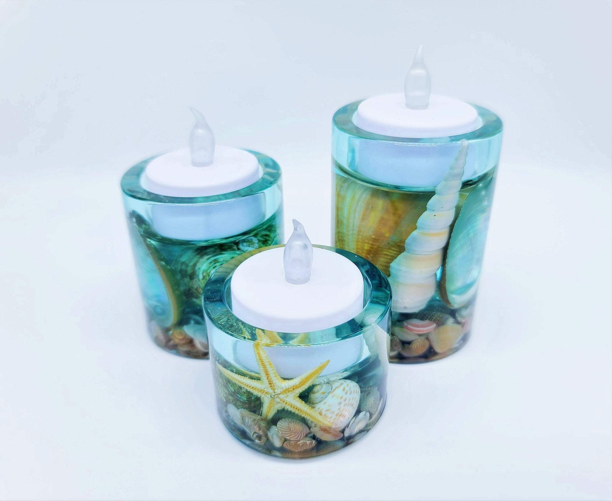 Beach Themed Round Candle Holder Made with Eco-Friendly Epoxy Resin & Seashells - Includes Choice of Real UNSCENTED Tealight or LED Tealight
