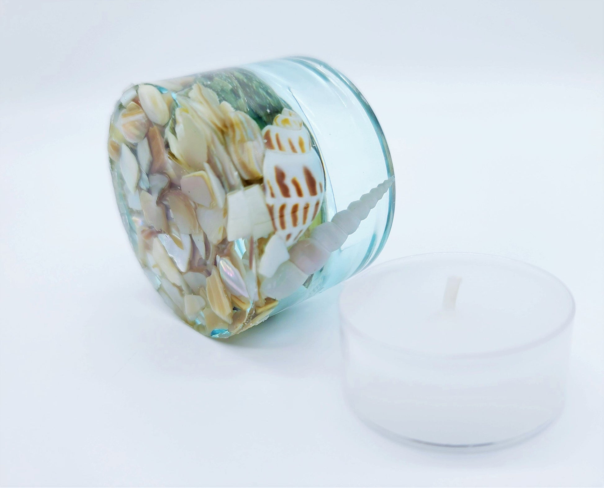Beach Themed Round Candle Holder Made with Eco-Friendly Epoxy Resin and Seashells - Includes Choice of Real SCENTED Tealight or LED Tealight