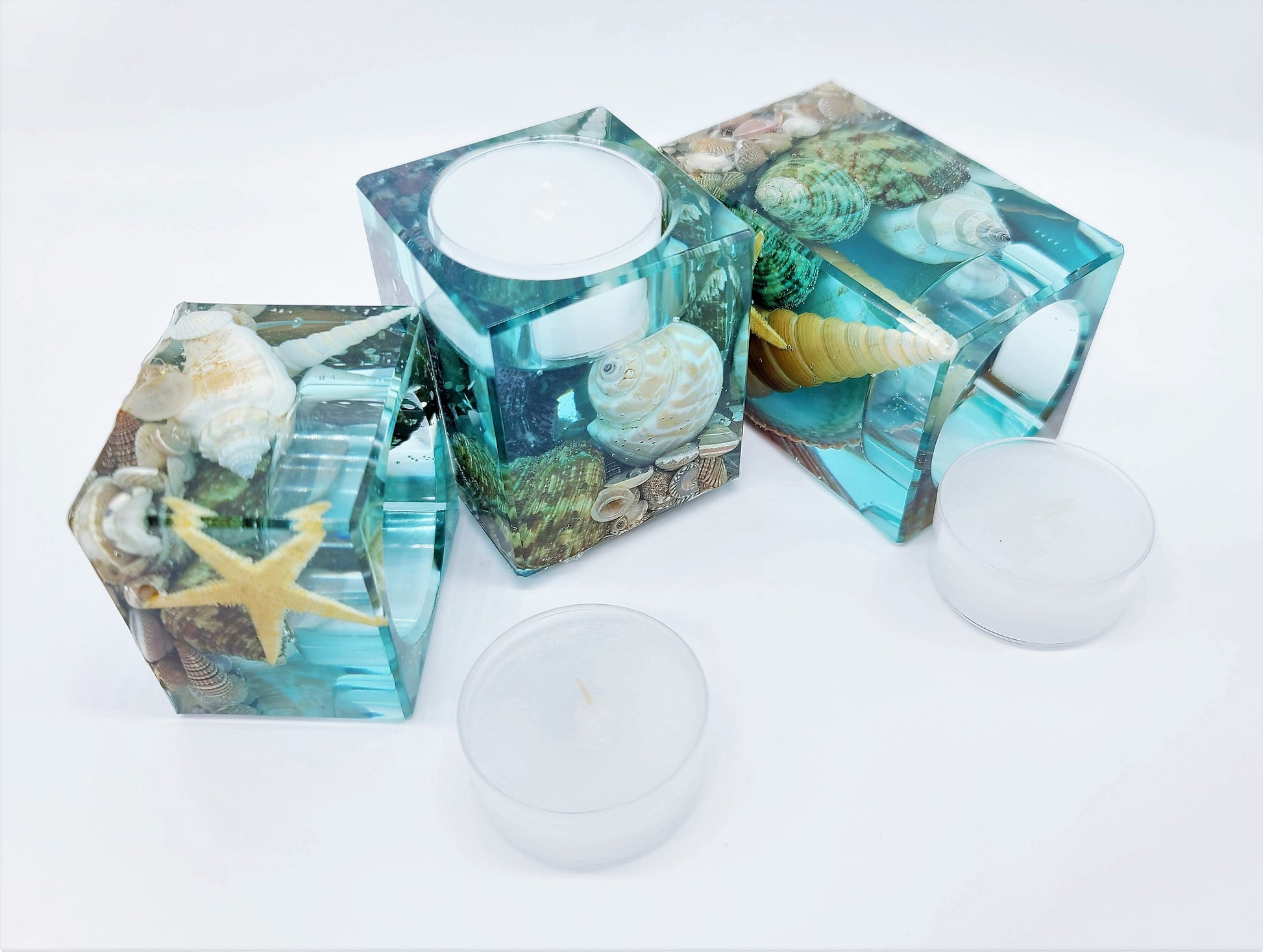 Seascape Candle Holder Made with Eco-Friendly Epoxy Resin and Seashells - Includes Choice of Real UNSCENTED Tealight or LED Tealight