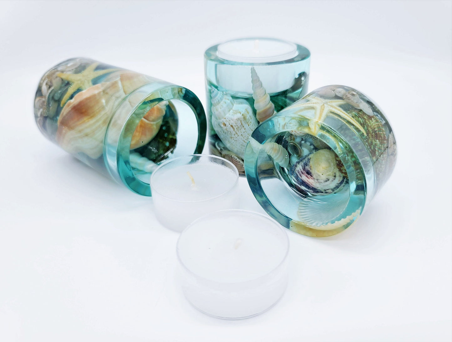 Seascape Candle Holder Made with Eco-Friendly Epoxy Resin and Seashells - Includes Choice of Real SCENTED Tealight or LED Tealight