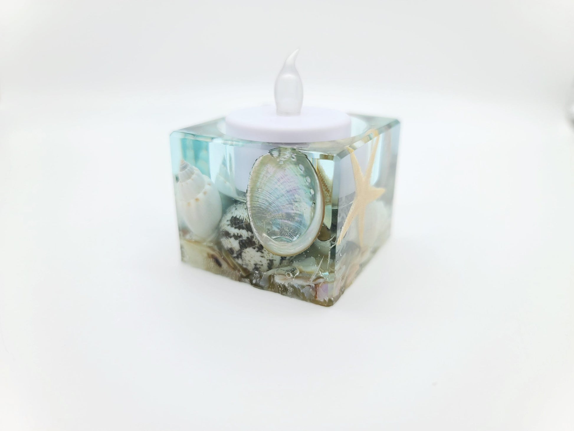 Ocean Themed Square Candle Holder Made with Eco-Friendly Epoxy Resin & Seashells - Includes Choice of Real SCENTED Tealight or LED Tealight