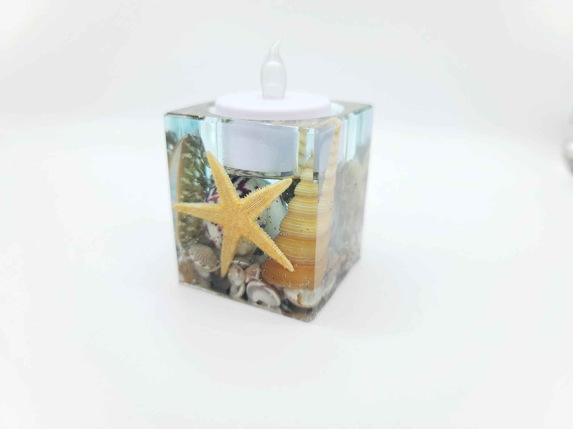 Ocean Themed Square Candle Holder Made w/ Eco-Friendly Epoxy Resin & Seashells - Includes Choice of Real UNSCENTED Tealight or LED Tealight
