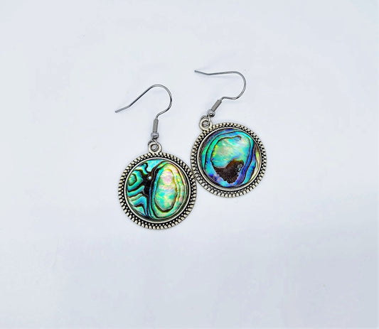 Handcrafted Natural Abalone Seashell / Paua Shell Earrings / Tibetan Style / Made with Hypoallergenic Silver Stainless Steel Ear Wire Hooks