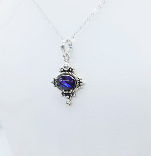 Genuine Purple Abalone Shell 925 Sterling Silver Pendant Necklace with 8x6mm Cabochon Setting Covered with Holographic Powder Infused Resin