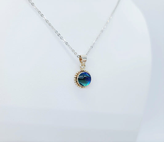 Genuine Blue Abalone Shell 925 Sterling Silver Pendant Necklace with 8x8mm Cabochon Setting Covered with Holographic Powder Infused Resin