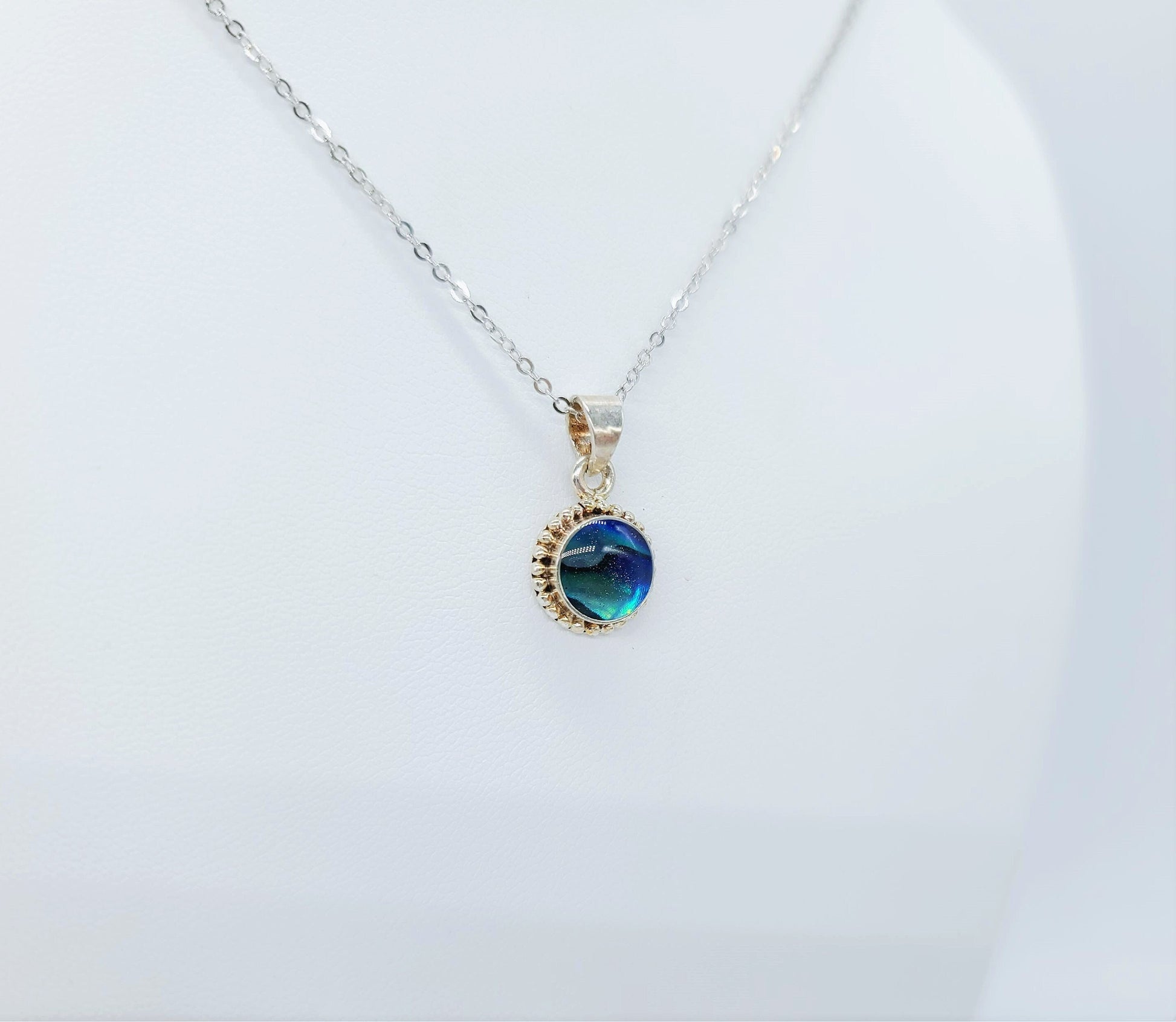 Genuine Blue Abalone Shell 925 Sterling Silver Pendant Necklace with 8x8mm Cabochon Setting Covered with Holographic Powder Infused Resin