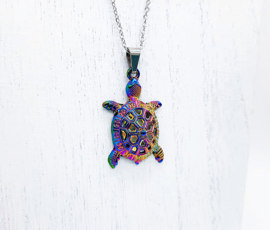 Rainbow Chromium Metal Sea Turtle Pendant Necklace - 19 Inch Stainless Steel Hypoallergenic Chain - Lobster Claw Closure - Alloy Pendant