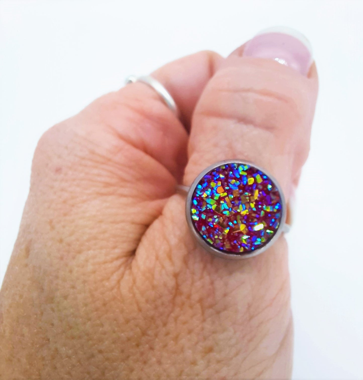 Druzy Stone Stainless Steel Cuff Ring, Size 7