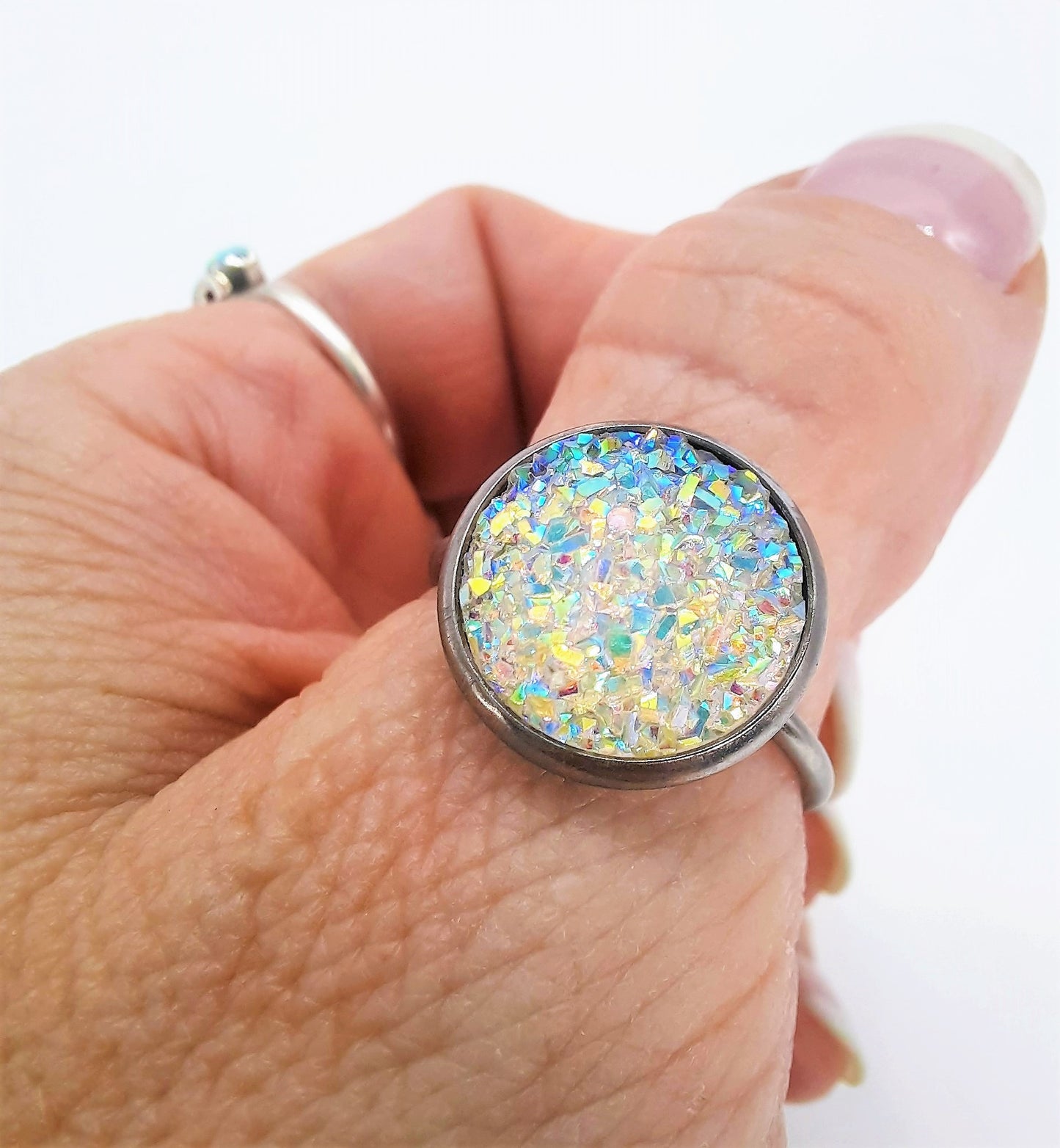 Druzy Stone Stainless Steel Cuff Ring, Size 7