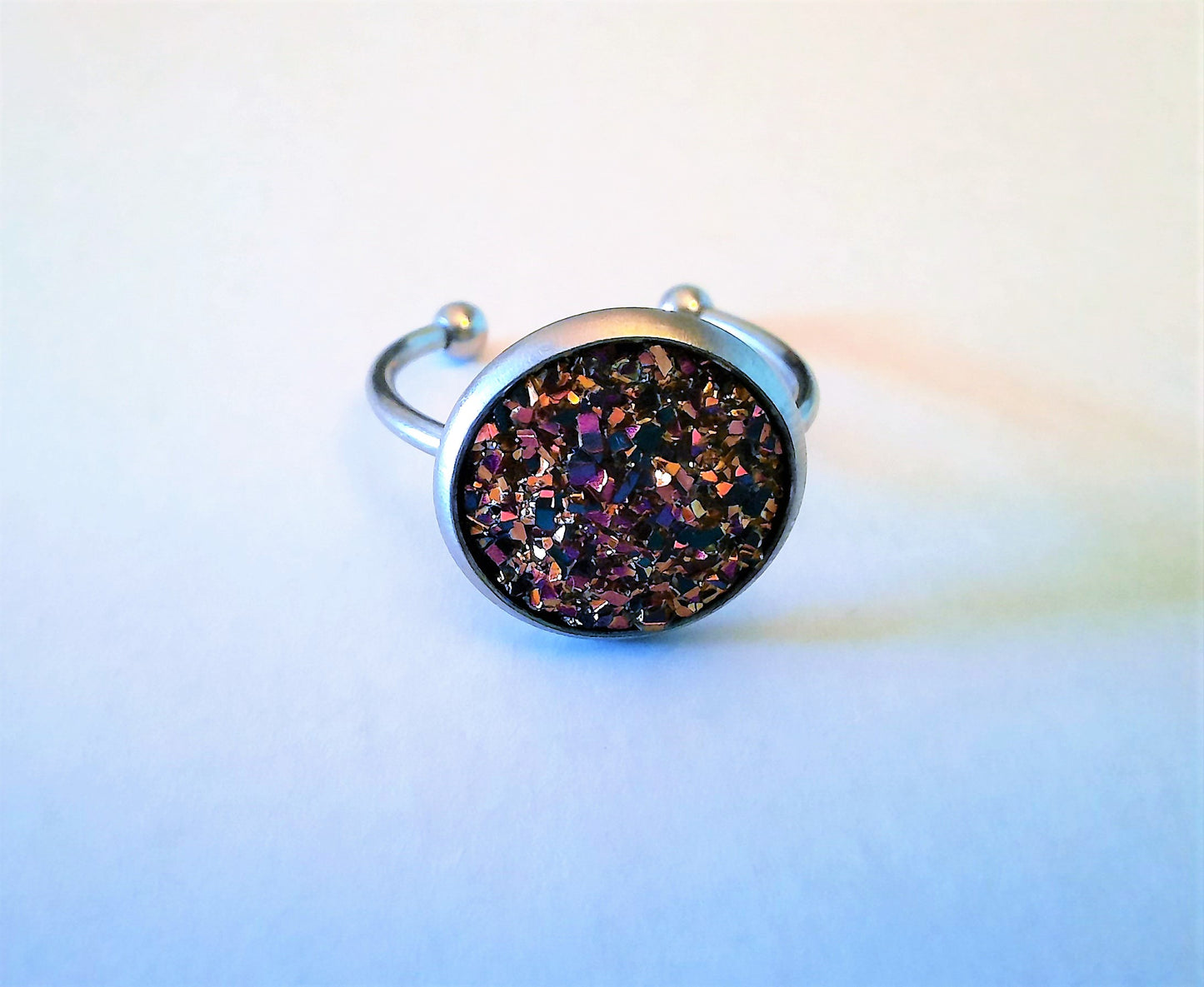 Druzy Stone Stainless Steel Cuff Ring, Size 7