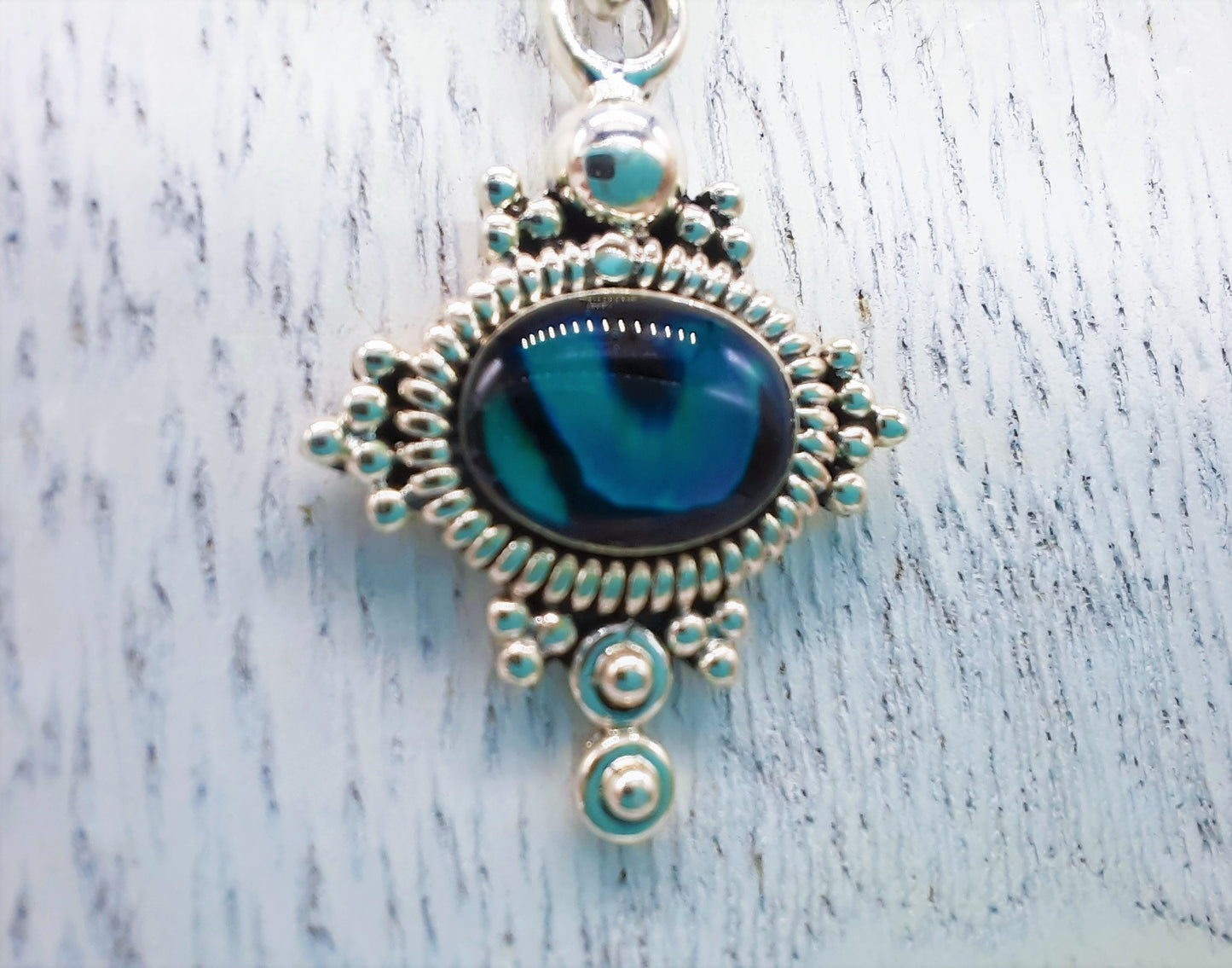 Genuine Blue Abalone Shell 925 Sterling Silver Pendant Necklace