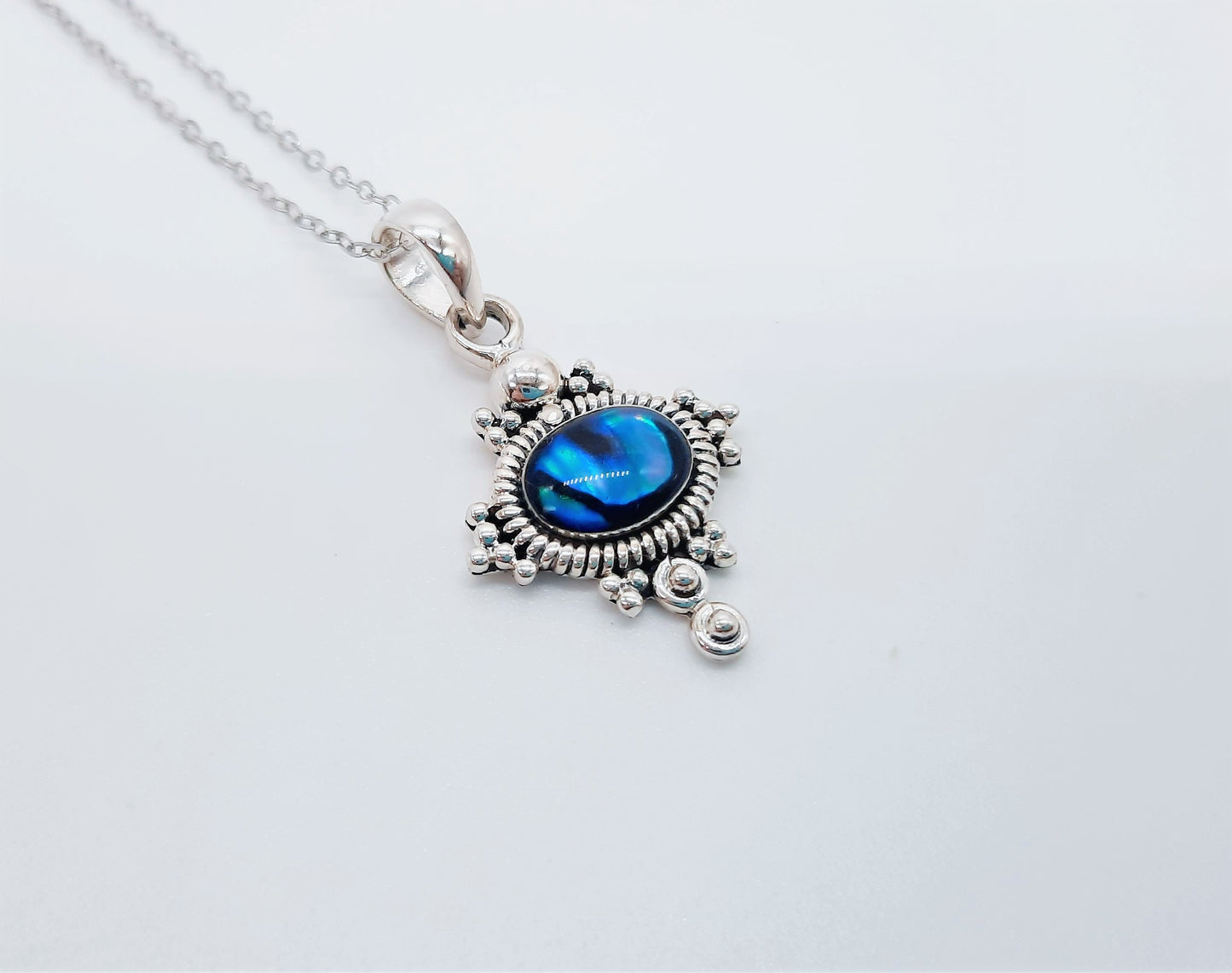 Genuine Blue Abalone Shell 925 Sterling Silver Pendant Necklace