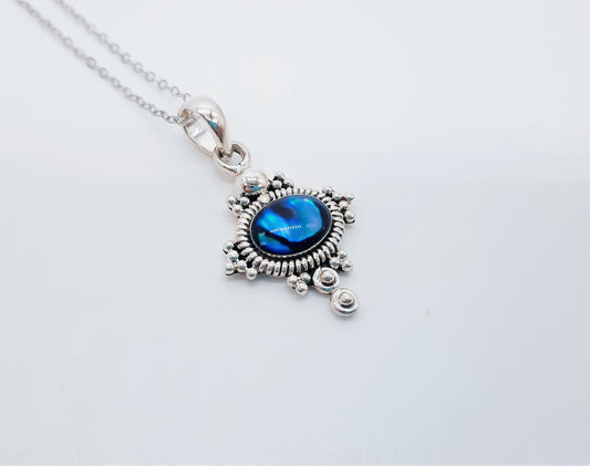 Genuine Blue Abalone Shell 925 Sterling Silver Pendant Necklace