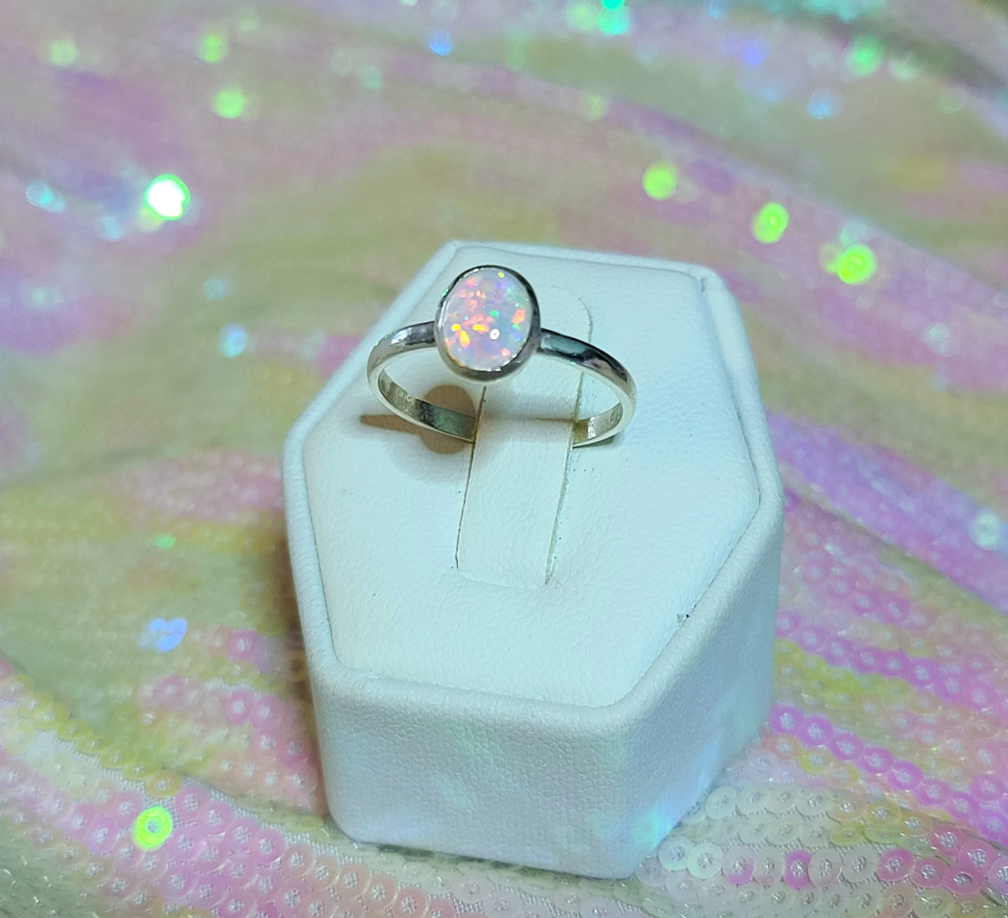 925 Sterling Silver Ring, Oval, White Fire Opal Setting