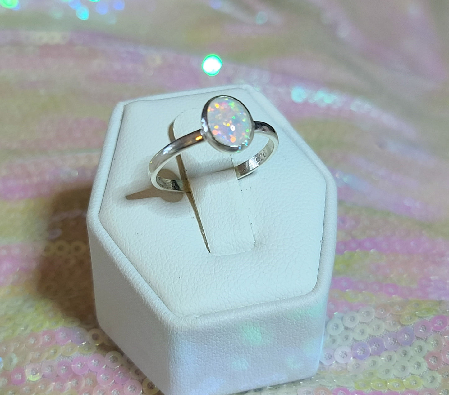 925 Sterling Silver Ring, Oval, White Fire Opal Setting