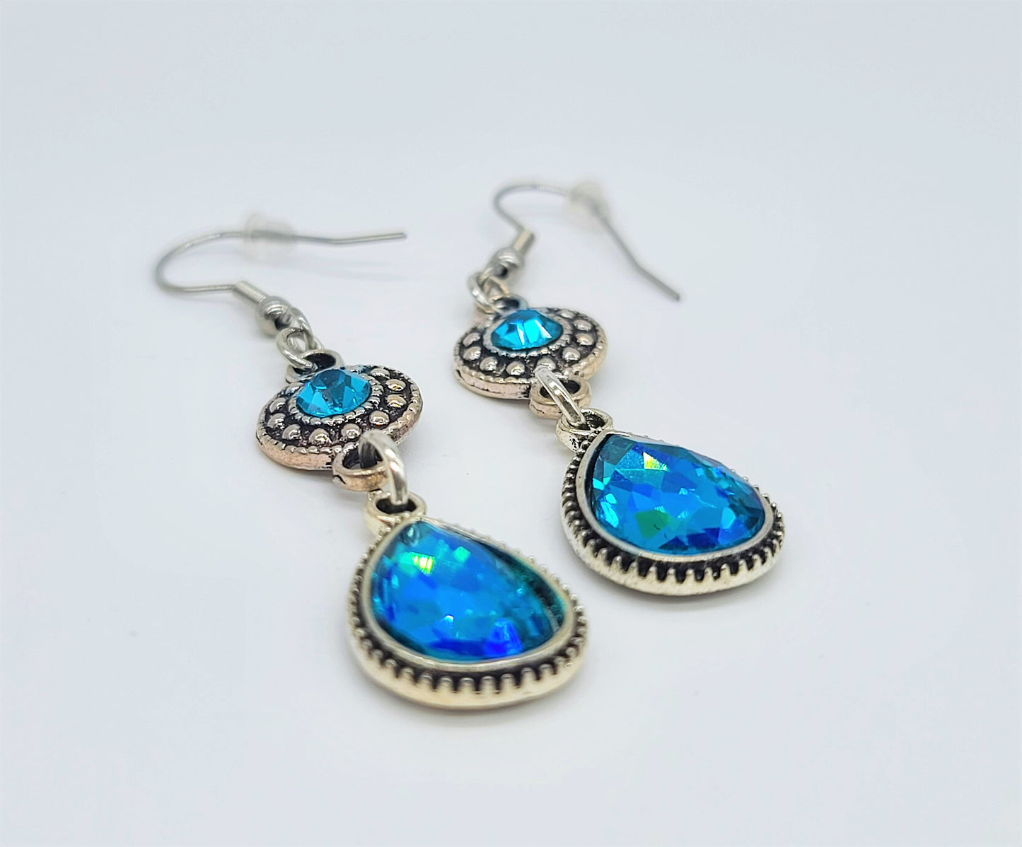 Antiqued Silver Teal Blue Rhinestone Teardrop Earrings