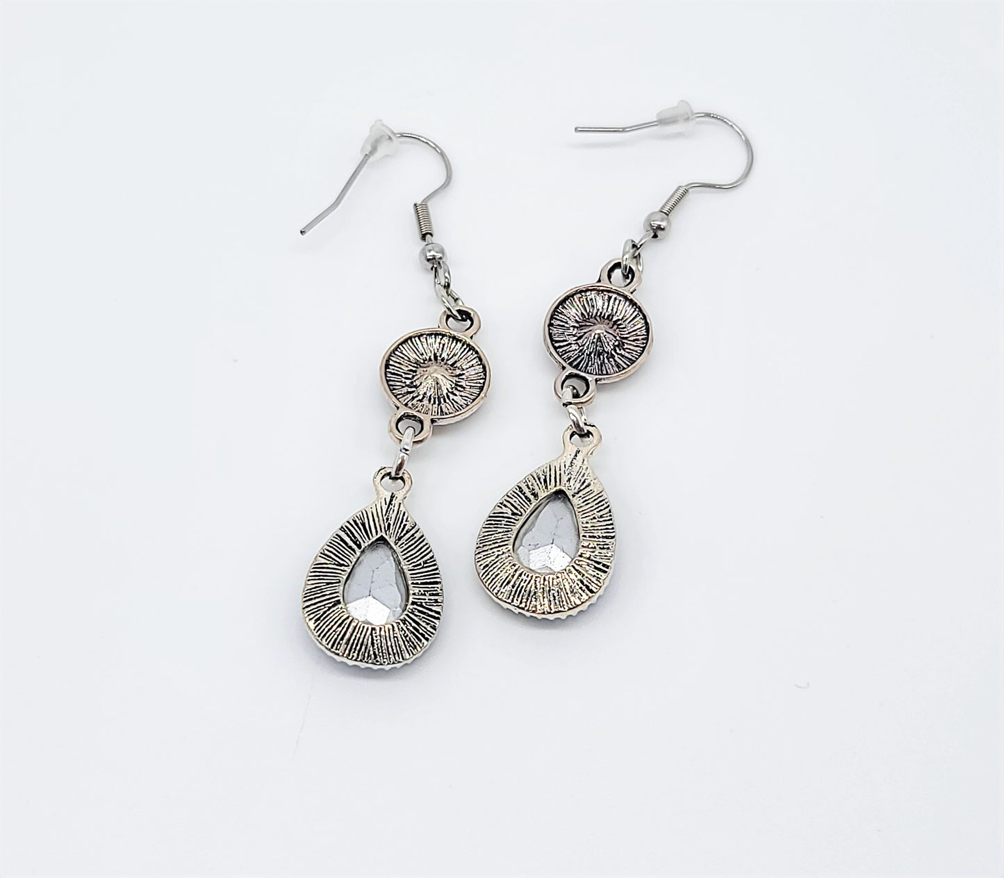 Antiqued Silver Teal Blue Rhinestone Teardrop Earrings