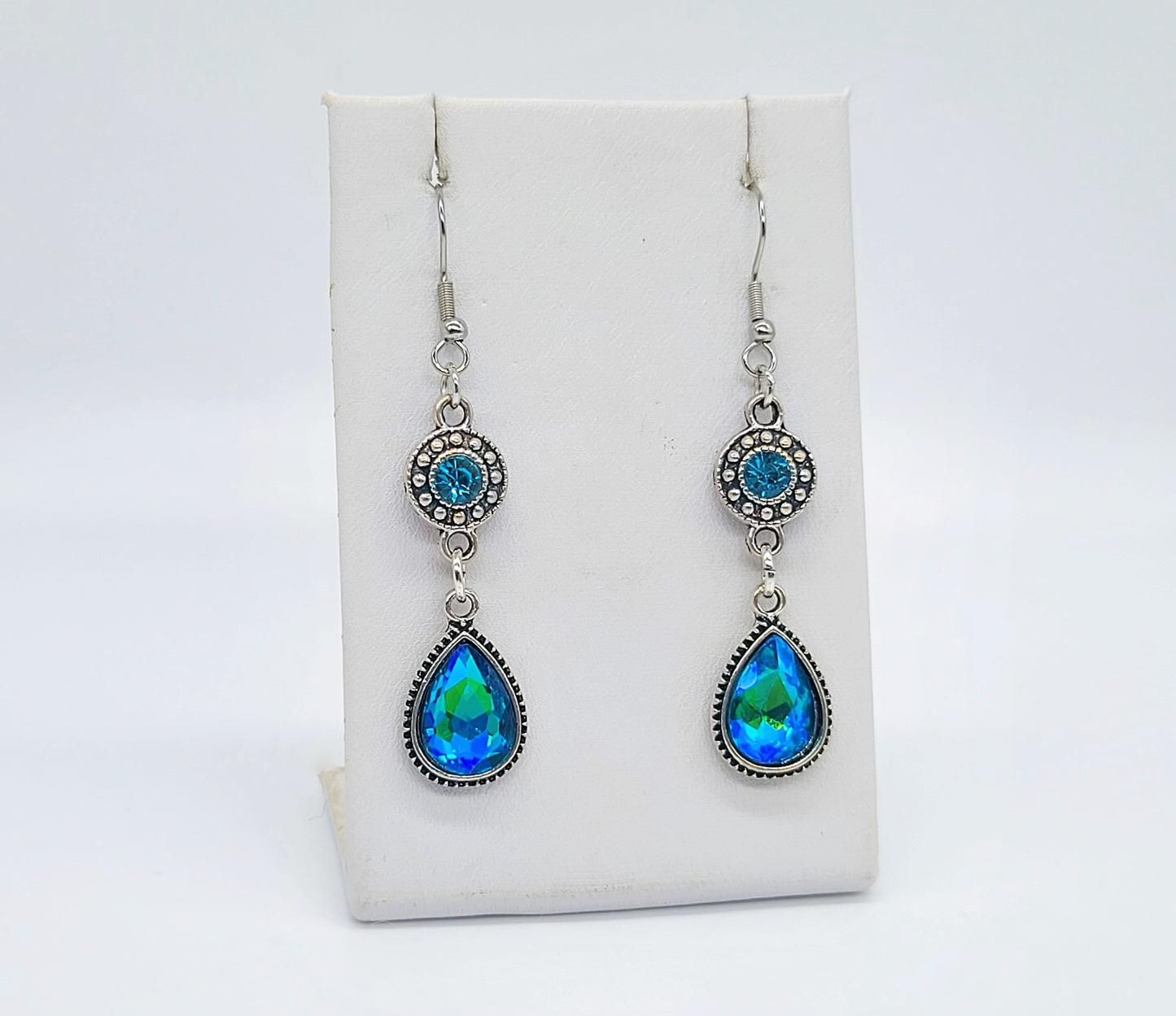 Antiqued Silver Teal Blue Rhinestone Teardrop Earrings