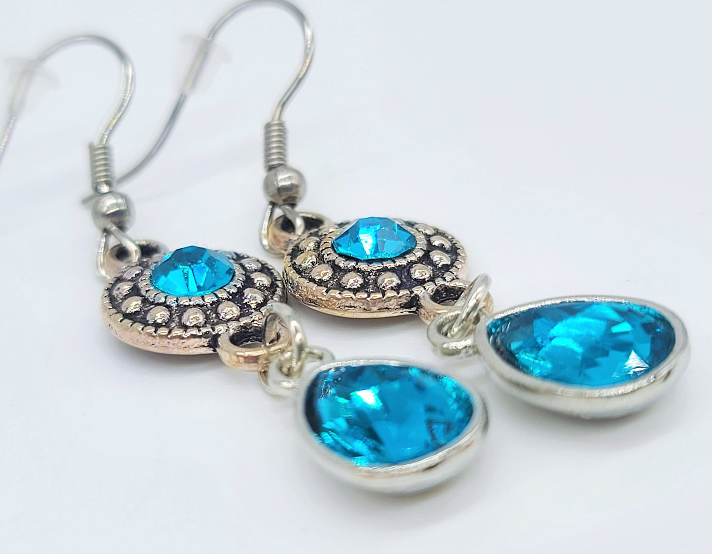 Antiqued Silver Teal Blue Teardrop Earrings