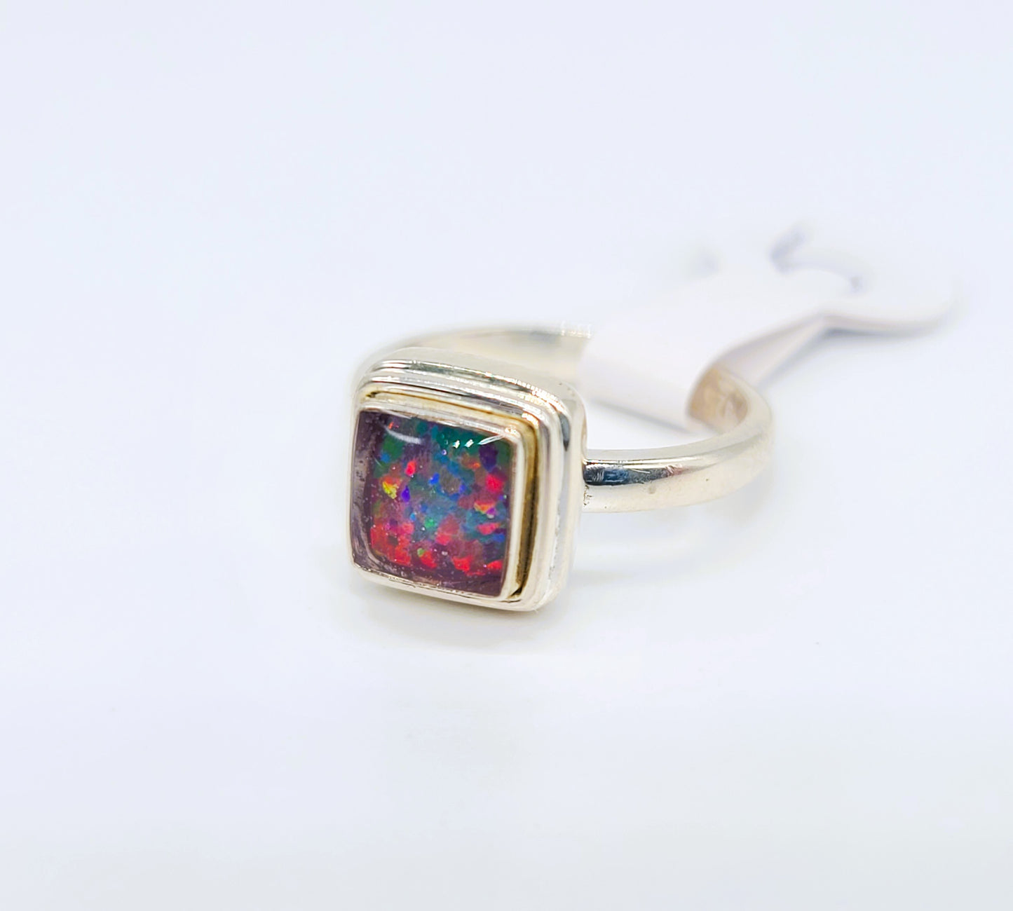 925 Sterling Silver Ring, Square Dark Pink Fire Opal