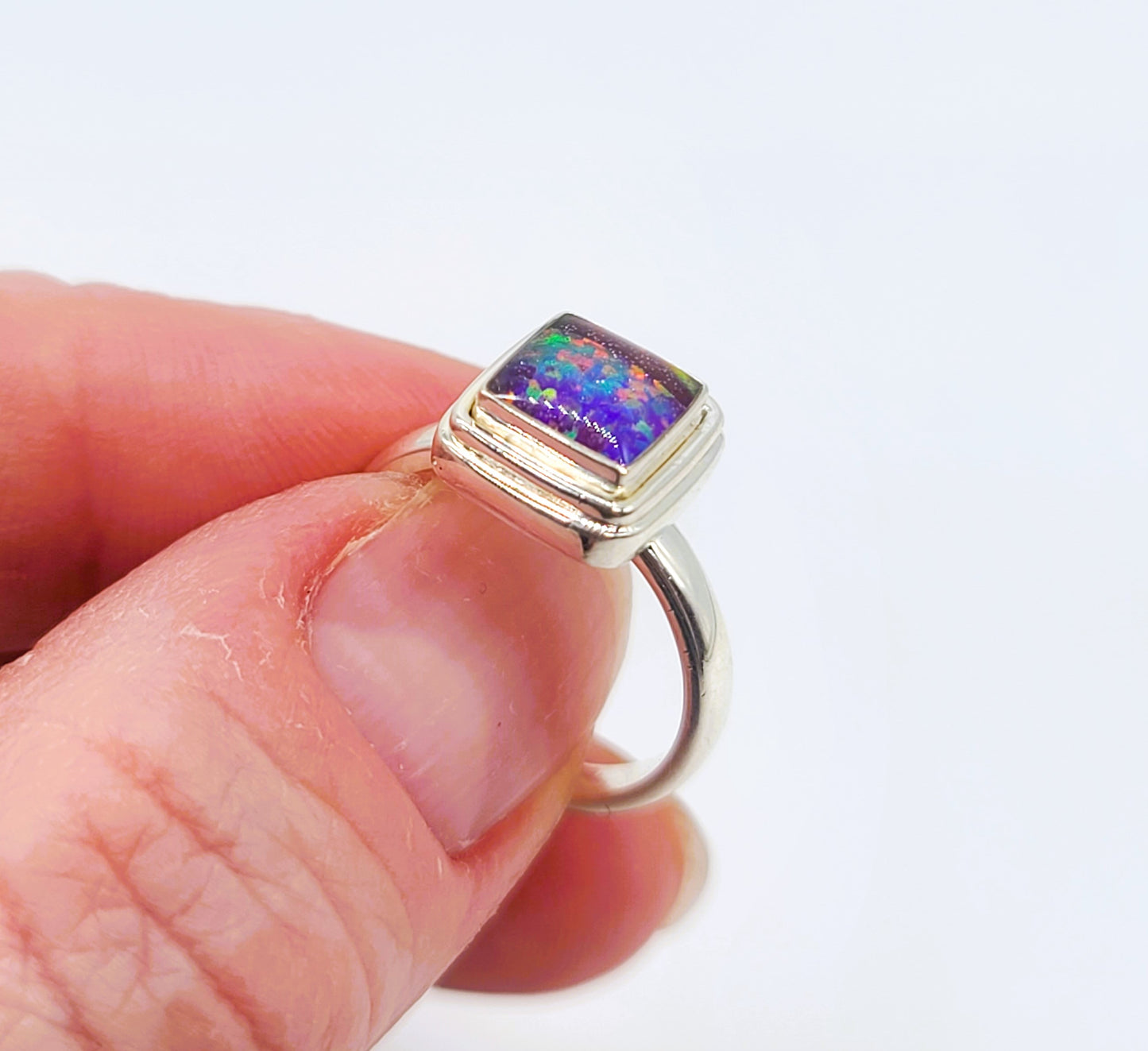 925 Sterling Silver Ring, Square Dark Pink Fire Opal