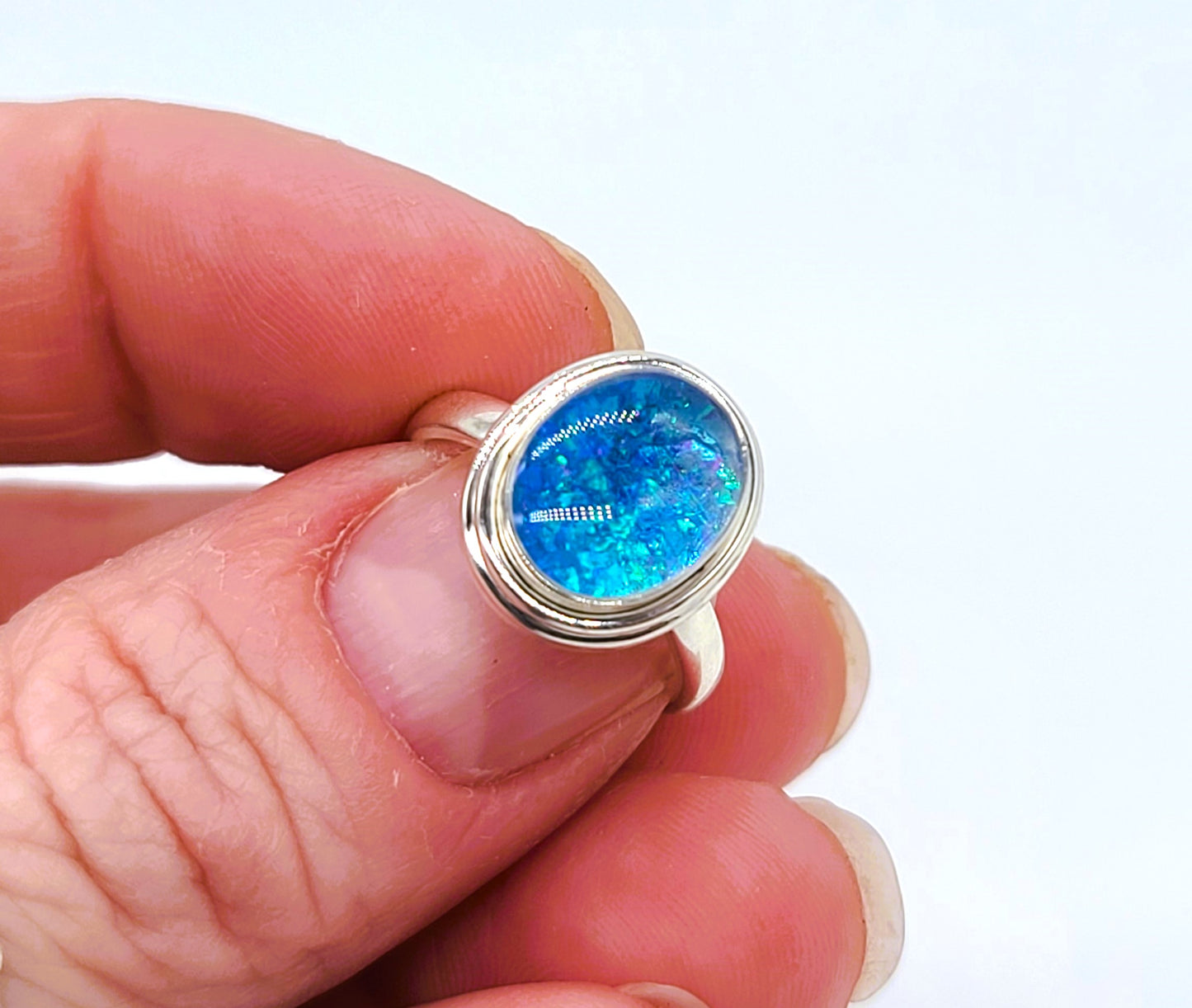 925 Sterling Silver Ring, Oval Blue Opal-like Ring