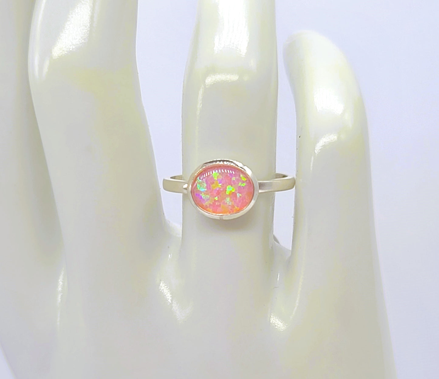 925 Sterling Silver Ring, Oval Pink Fire Opal