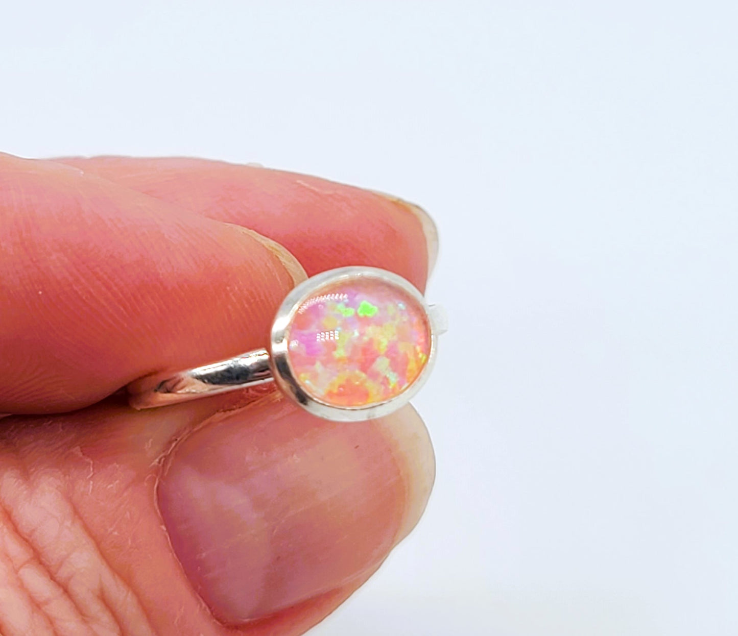 925 Sterling Silver Ring, Oval Pink Fire Opal