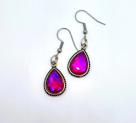 Antiqued Silver Red Teardrop Earrings