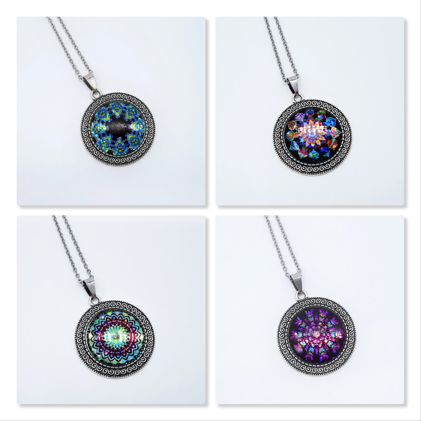 Set of Six (6) Glitter Mandala Tibetan Style Necklace Sampler Set